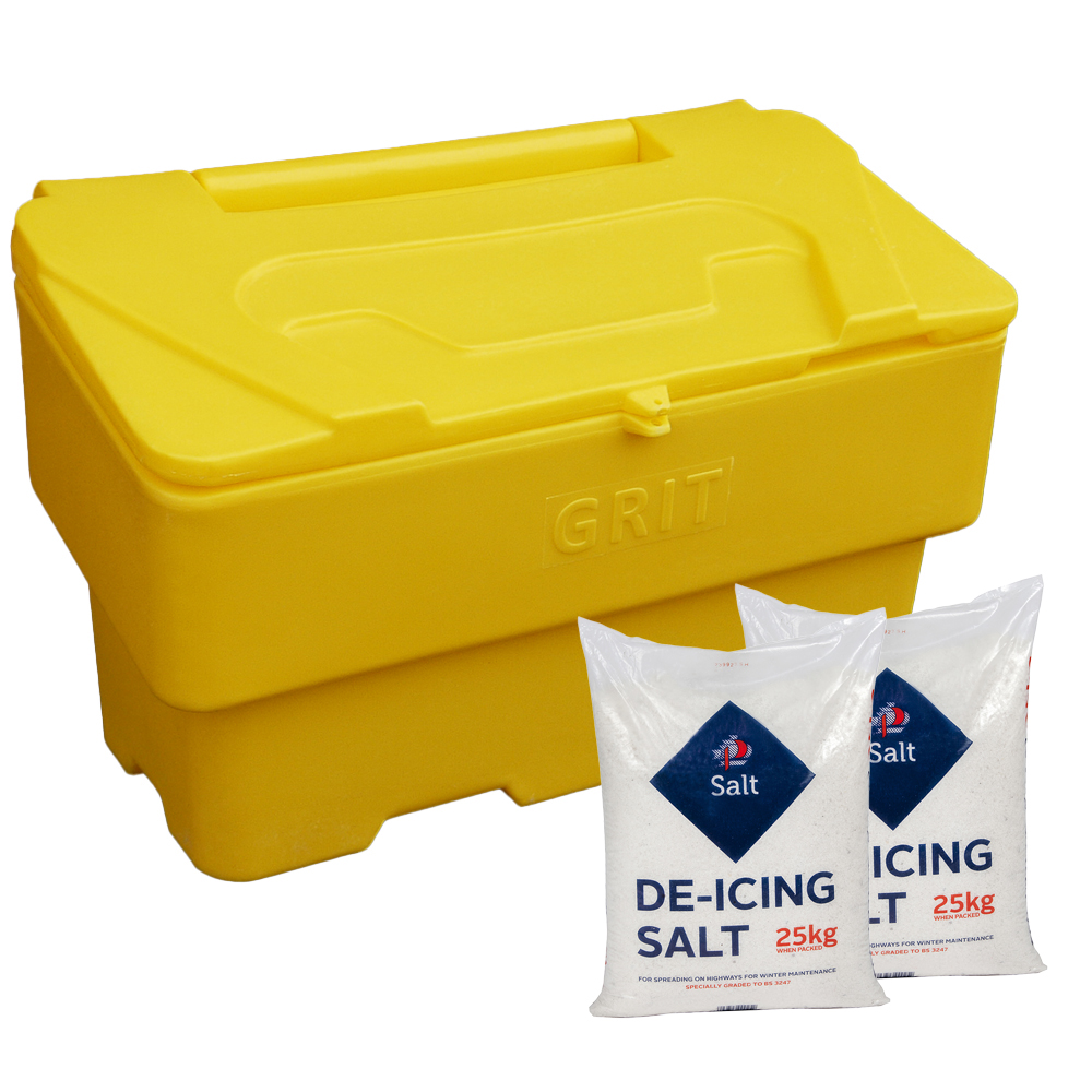 Lockable 190 Kg Grit Bin with 6 x 25kg White De-Icing Salt
