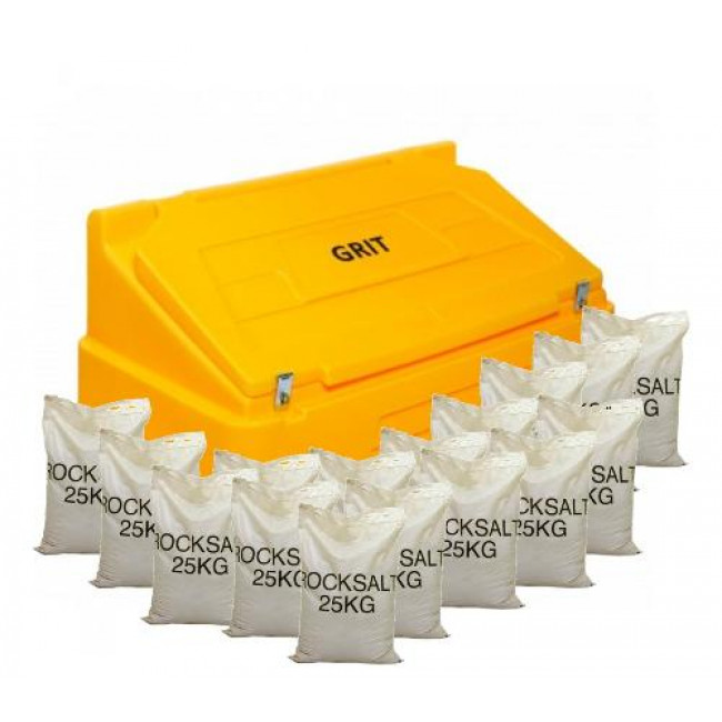 14 Cu Ft Heavy Duty Grit Bin with 16x 25 kg Bags of White Rock Salt