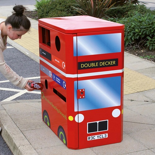 A bin with different apertures that is designed to look like a double decker bus.