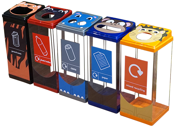 Box Cycle Animal Face Recycling Bin - 60 Litre Capacity - general waste, plastic bottles, cans, paper, mixed recycling 
